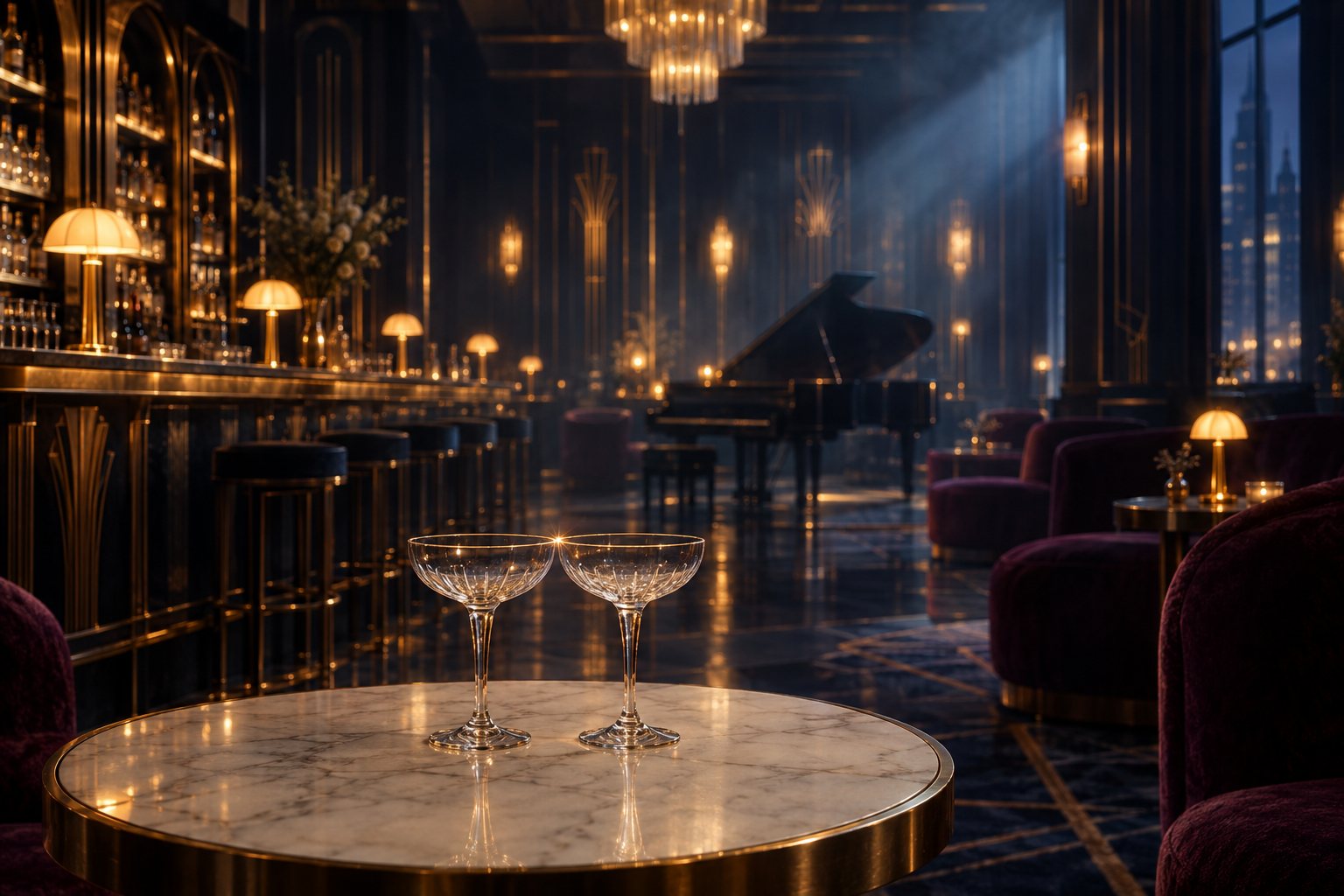 An Art Deco hotel bar at blue hour: two champagne coupes on a marble table, a grand piano and brass lamps behind them